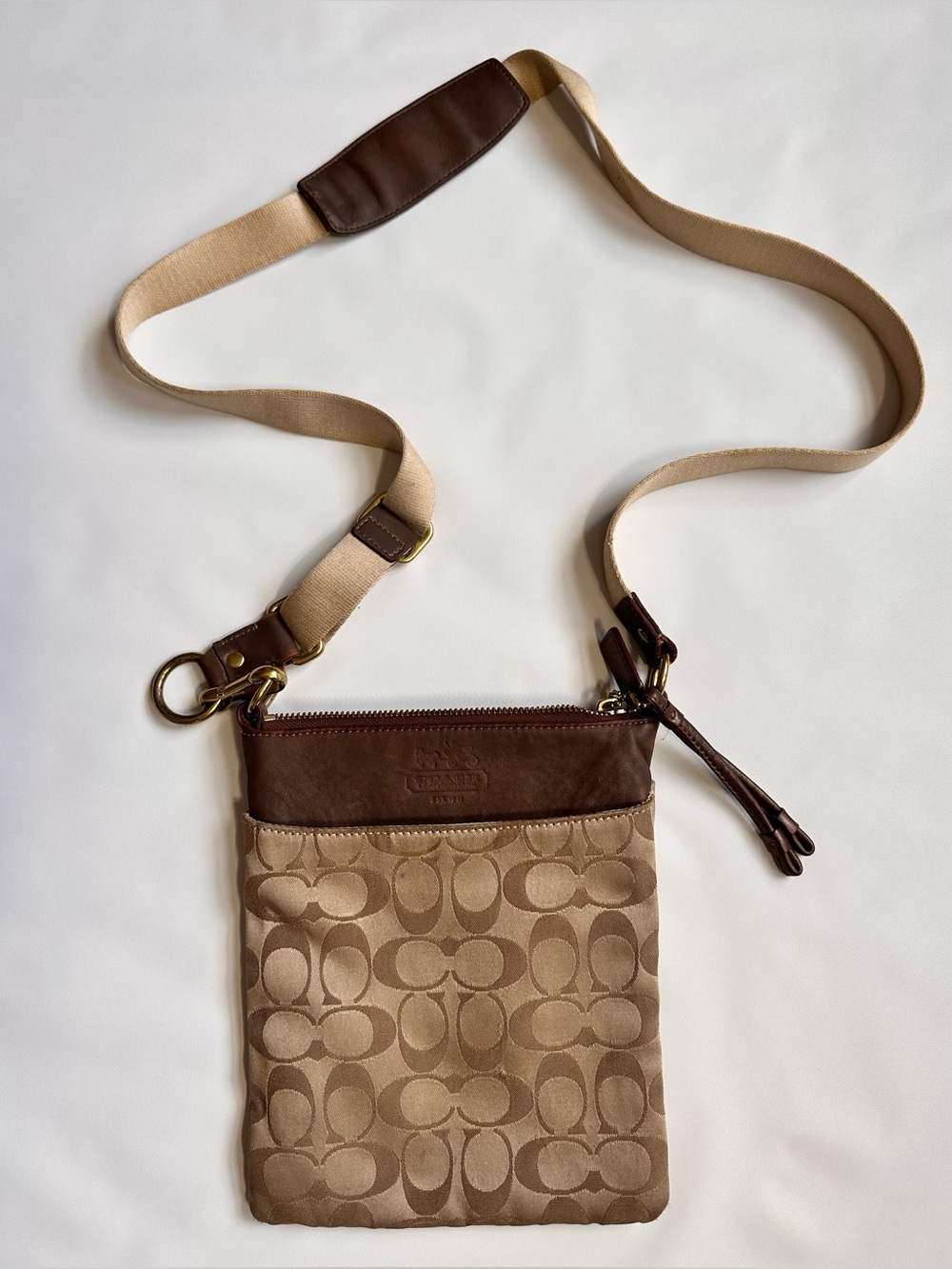 Coach Beige and Brown Signature Crossbody Pouch